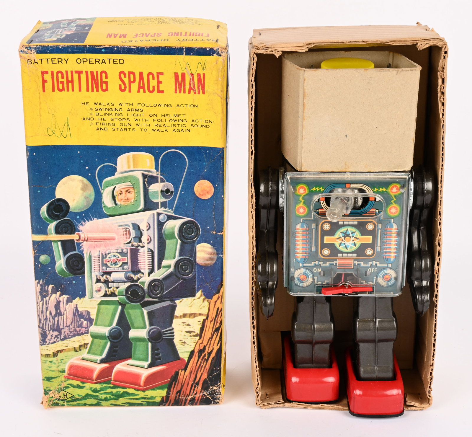 HORIKAWA BATTERY OP FIGHTING SPACE MAN w/ BOX: Japan battery operated Fighting Space Man. All original in great condition. Worked when tested. Boxed with Inserts. 12" Excellent