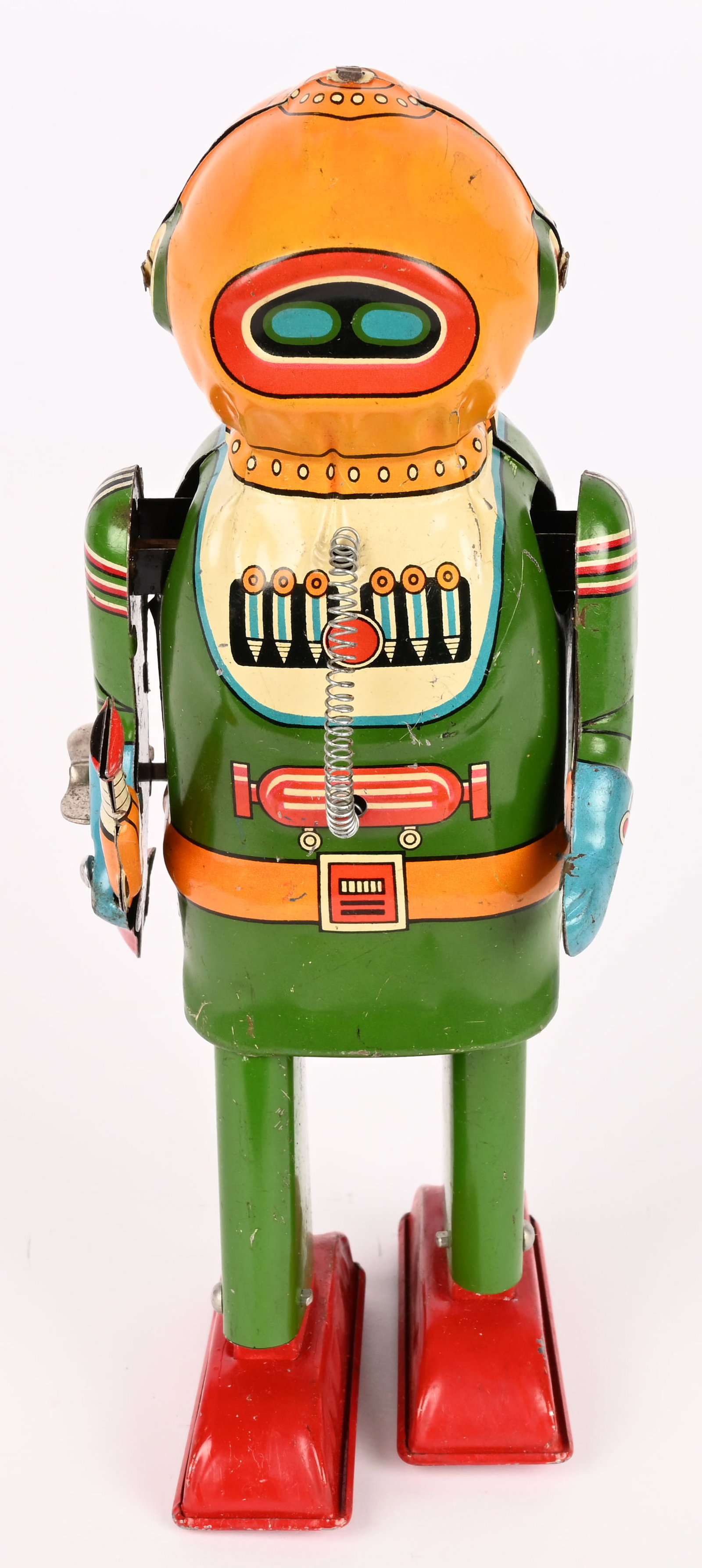 NAITO SHOTEN TIN WINDUP INTERPLANETARY EXPLORER: Japan tin windup Interplanetary Explorer. All original and complete with gun. Wonderful condition with very nice colors. Windup works. Has some normal factory touchup. A scarce and desirable Space