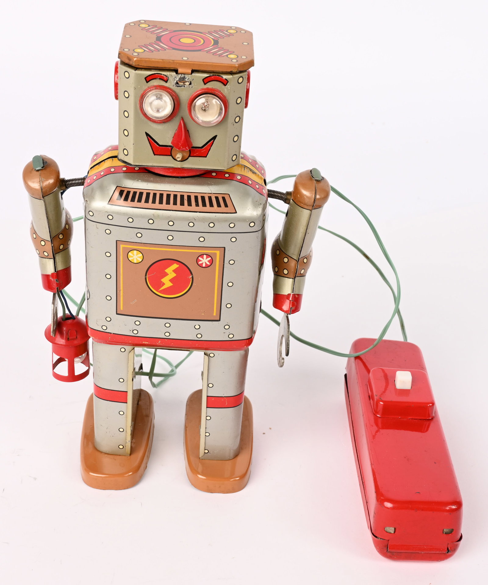 LINEMAR BATTERY OP LANTERN ROBOT: Linemar battery operated Lantern Robot. Made in Japan. Colorful version. Nice clean original complete example. Has correct battery box remote. All functions worked when tested. A great looking hard to
