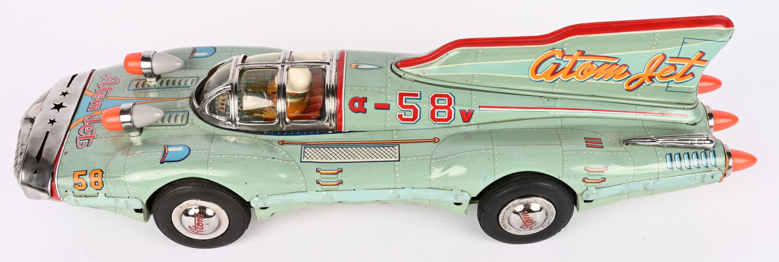YONEZAWA TIN FRICTION #58 ATOM JET RACER: Yonezawa Japan tin friction #58 Atom Jet Racer. Rare and impressive Space Toy! Wonderful Futuristic Racer with great colors, graphics, and details. The car has nice chrome accents. Has Driver inside