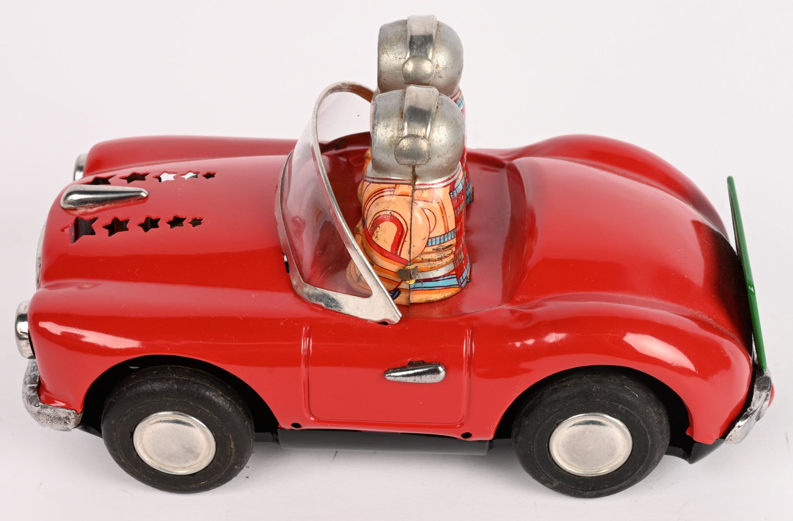 DAIYA TIN FRICTION SPACE PATROL CAR: RARE Japan tin friction Space Patrol Car. All complete with two Astronaut Drivers. Car is professionally restored and has 2 new tires. Displays great. Friction still works. A very hard to find Space