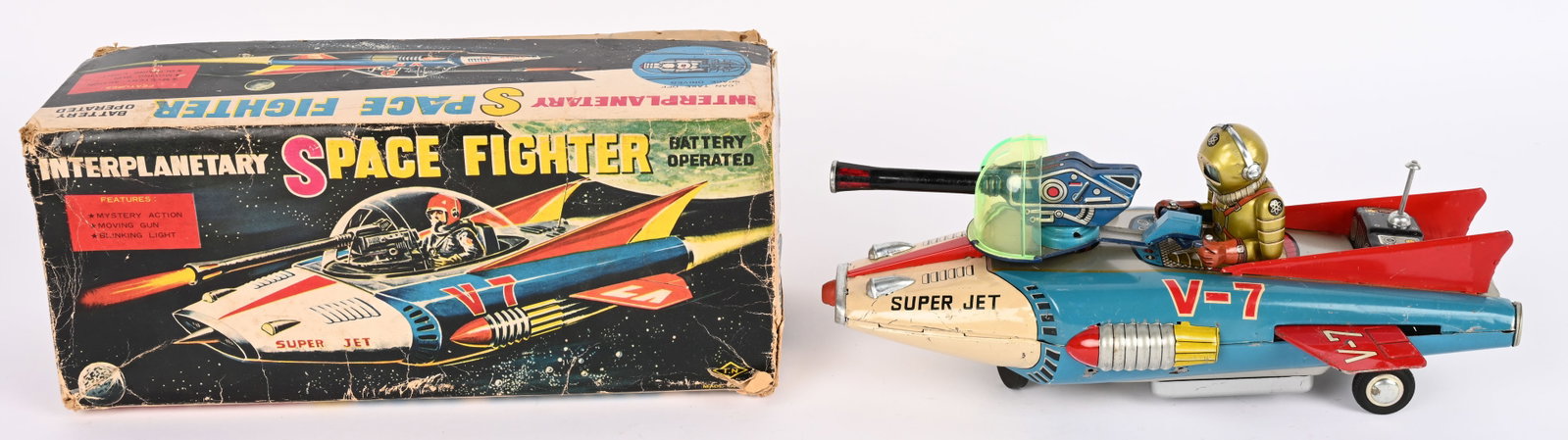 NOMURA B/O INTERPLANETARY SPACE FIGHTER w/ BOX: Japan battery operated Interplanetary Space Fighter. All original and complete. Great looking Space Toy with excellent colors and design. Worked when tested. Comes with original box. 12" Excellent