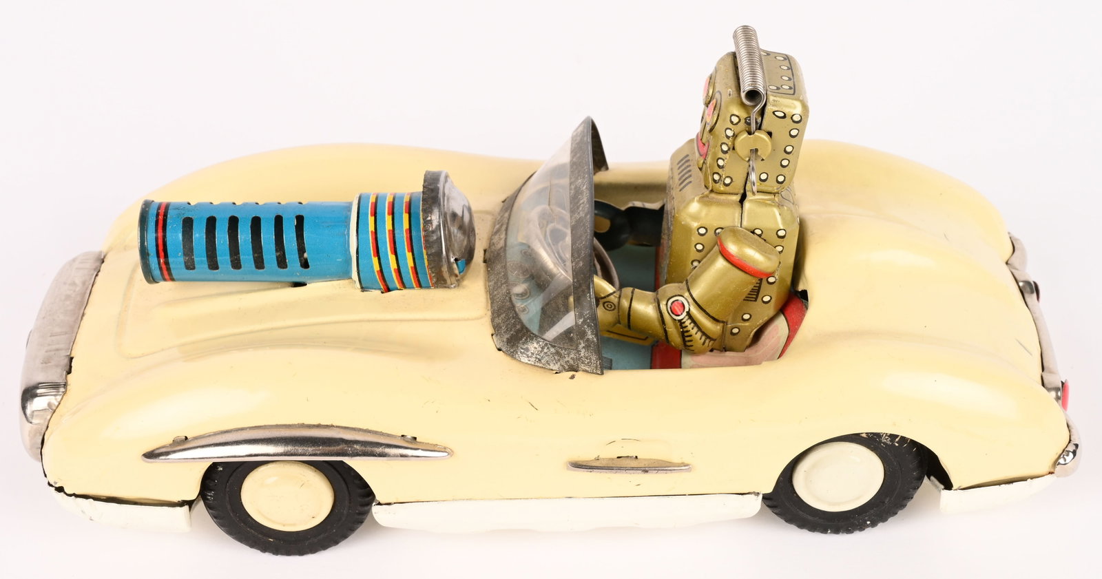 ATC TIN FRICTION ROBOT CAR: ATC Tin friction Robot Car. All original in very nice condition. Missing plastic insert in gun. Friction works. 8 1/2" Excellent