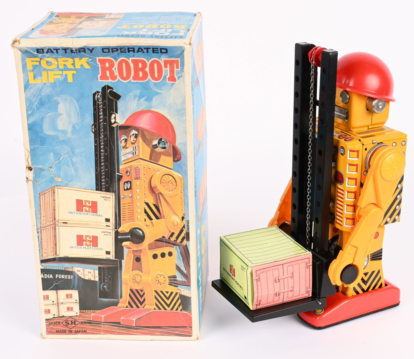 HORIKAWA BATTERY OP FORK LIFT ROBOT w/ BOX: Scarce Japan battery operated Fork Lift Robot. All original and in great condition. Still come with accessory Box. Worked when tested. Boxed 12" Excellent