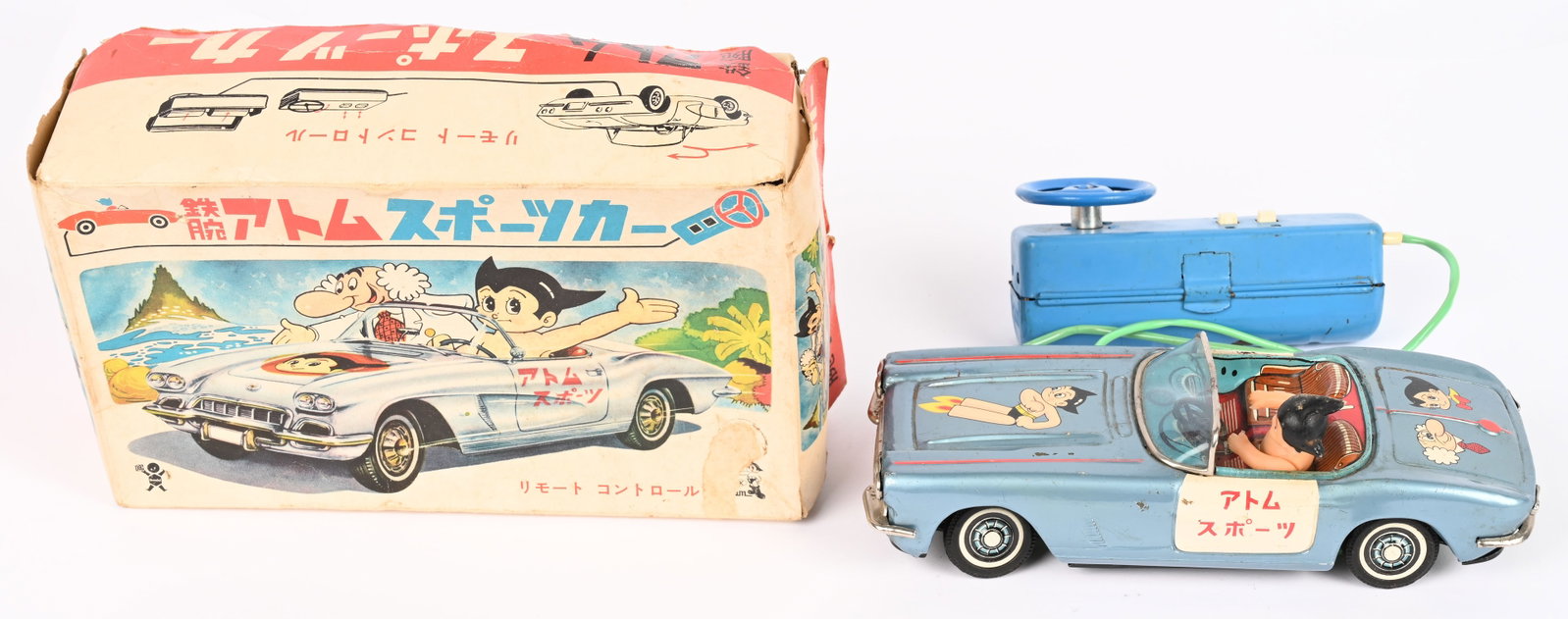 BANDAI BATTERY OP ASTRO BOY CORVETTE w/ BOX: Japan battery operated Astro Boy Mighty Atom Corvette. All original with nice graphics. Has some edge wear. Still has remote control. Did not work when tested. Boxed. Hard to find toy. 9" Excellent