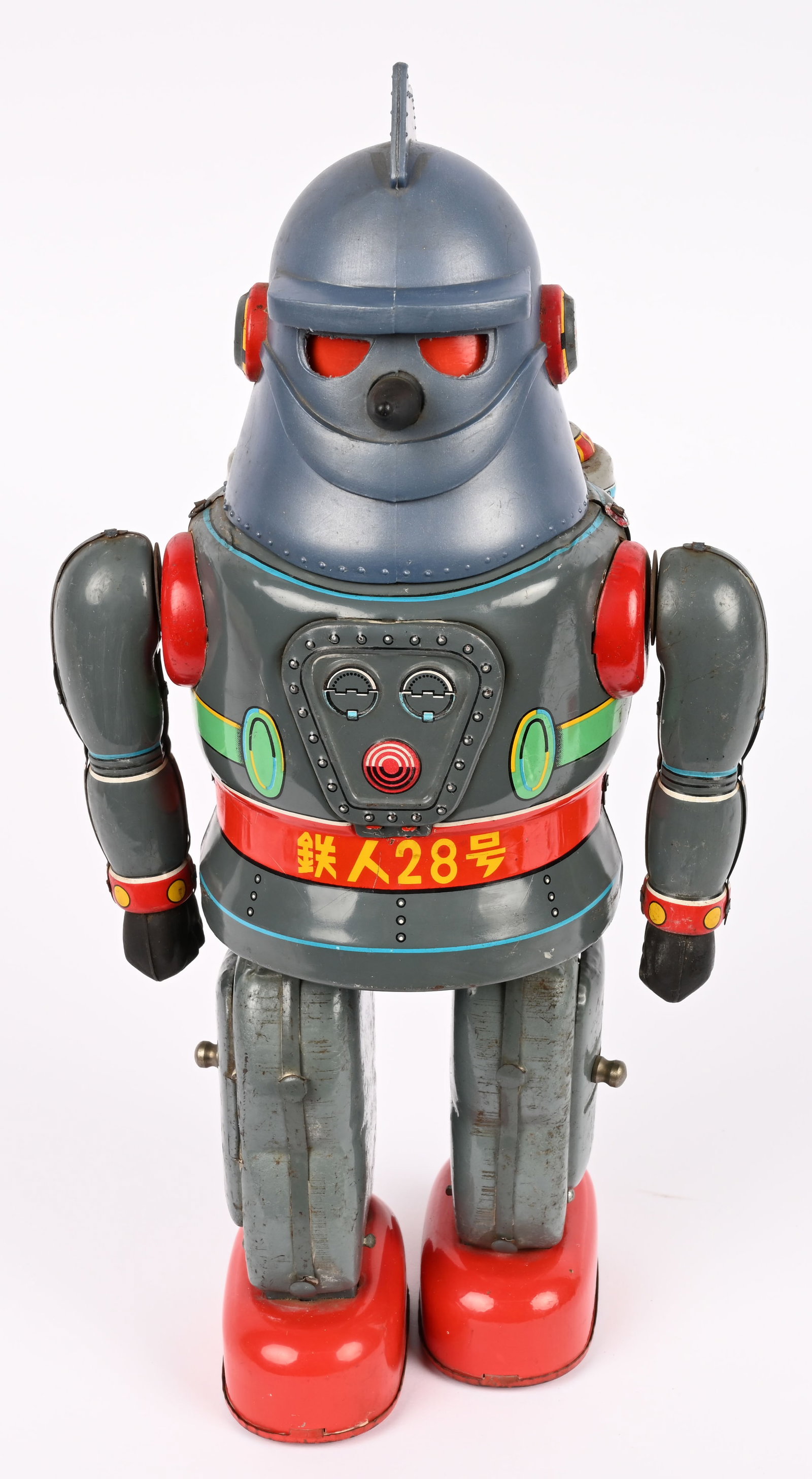 NOMURA BATTERY OP TETSUJIN NO.2 ROBOT: Japan battery operated Tetsujin No. 2 Robot. All original and complete. Nice colors. Worked when tested. Has some edge wear. Worked when tested. 13" Very Good-Excellent