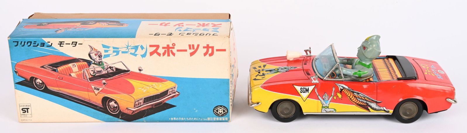 MASUDAYA TIN FRICTION MIRRORMAN CAMARO w/ BOX: RARE Japan tin friction Mirrorman Camaro. All original and looks never played with condition. Great vinyl Mirrorman figure in tin Camaro. Car has great colors and graphics. Friction works. Comes with