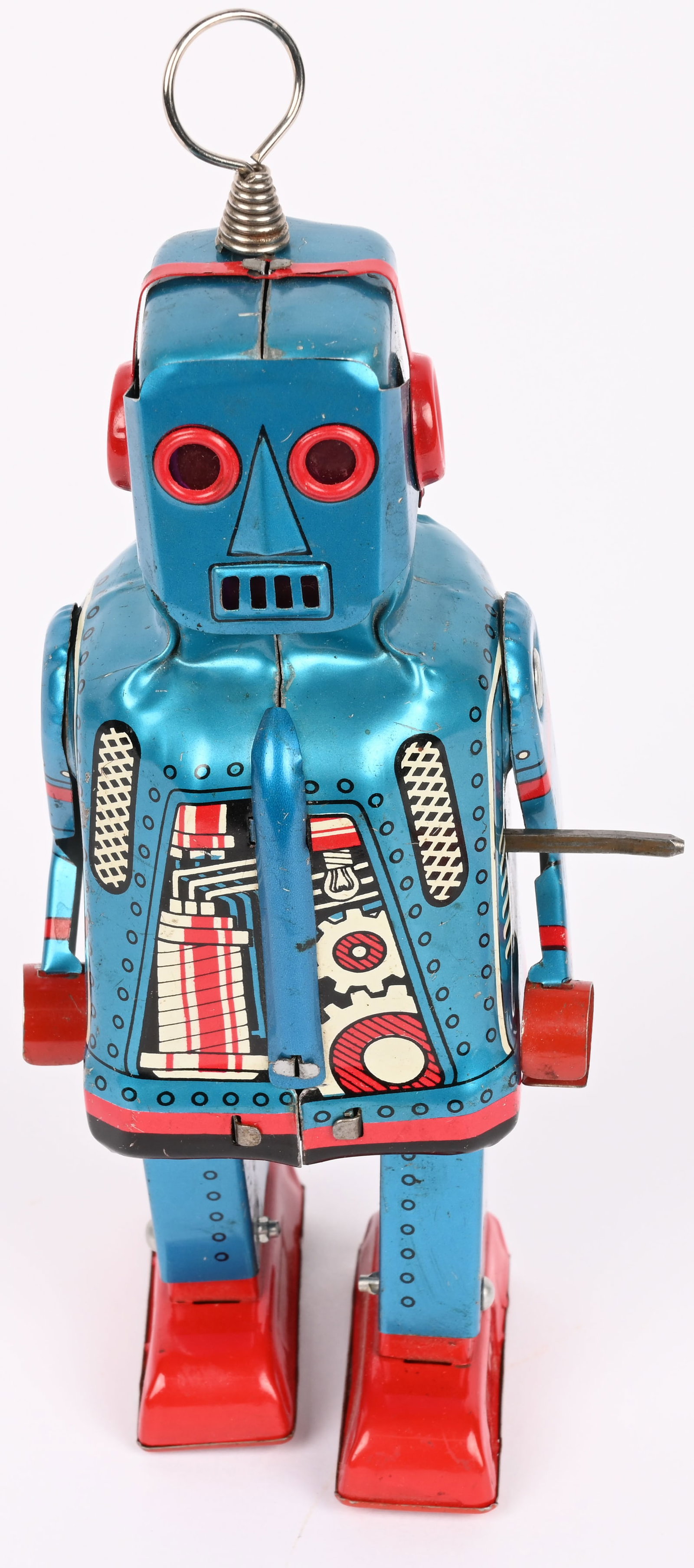 YOSHIYA TIN WINDUP LITHO SPARKY ROBOT: Japan tin windup Sparky Robot. Scarce Blue and Red version. All original with great colors and details. Windup works. A very hard to find variation. 7 3/4" Excellent