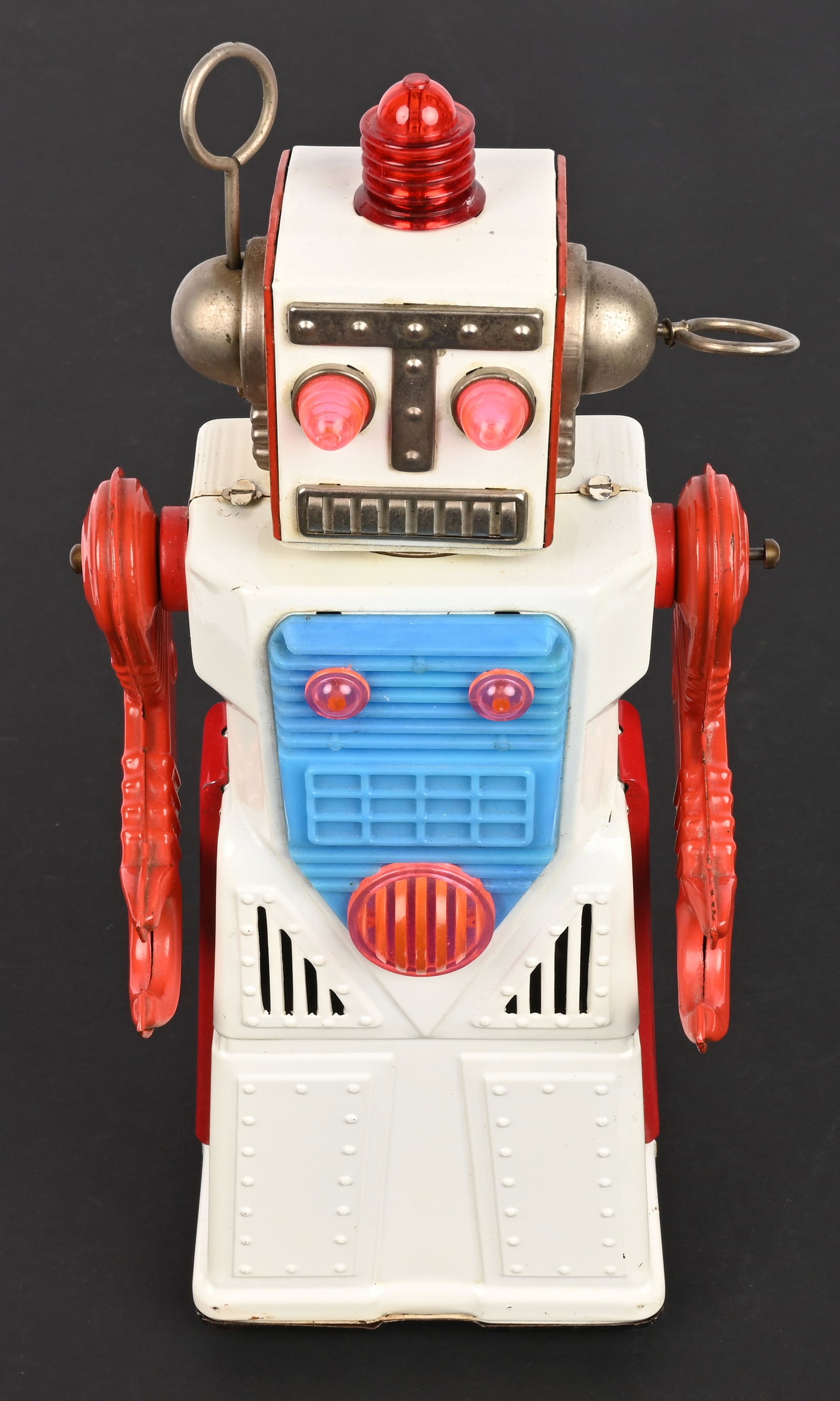 OSHIYA BATTERY OP MYSTERY MOON MAN ROBOT: Japan battery operated Mystery Moon Man Robot. All original and complete. Very nice condition. Worked when tested. 12" Excellent