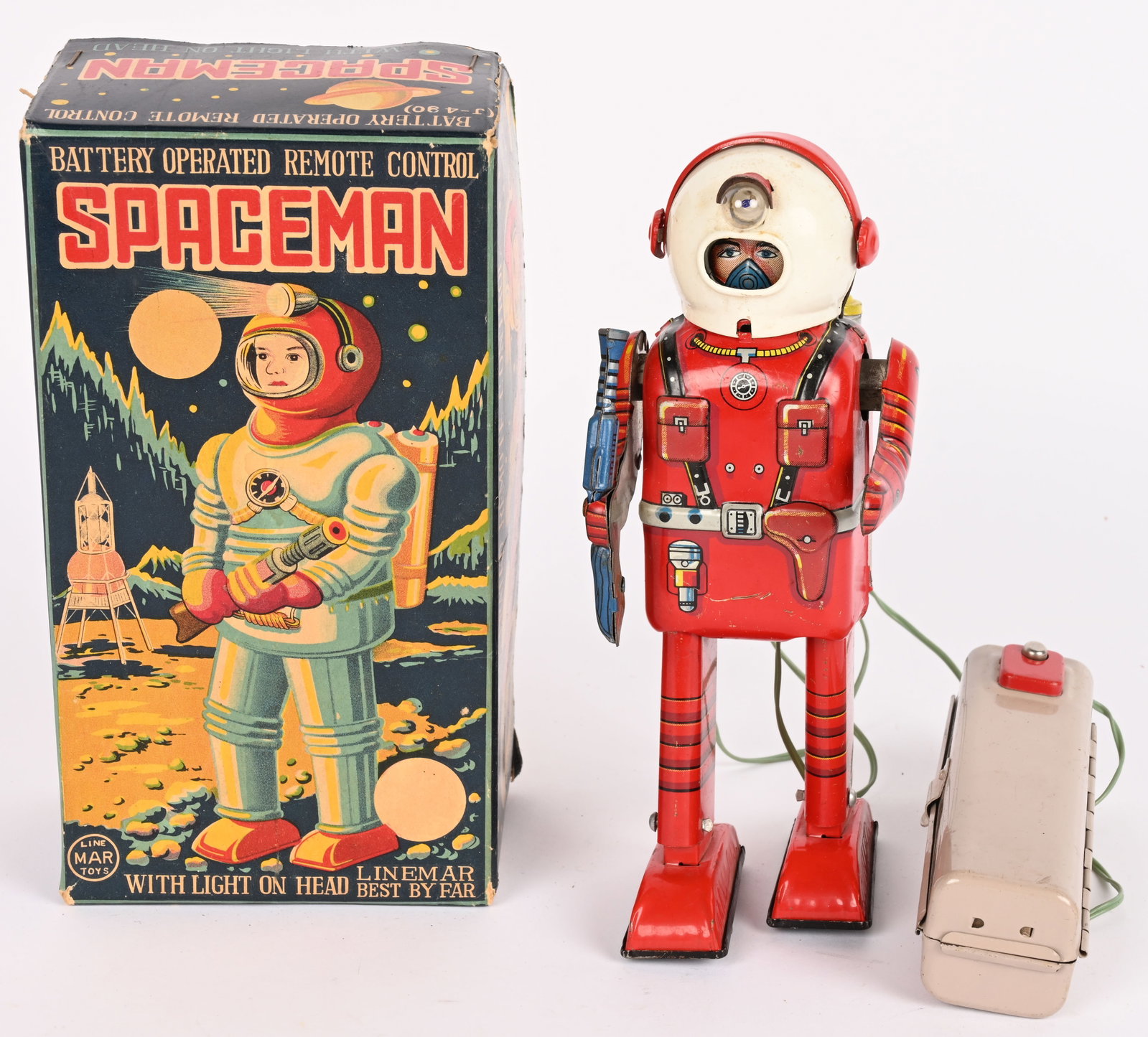 LINEMAR BATTERY OP PORTHOLE SPACEMAN w/ BOX: Japan battery operated Porthole Spaceman. All original and complete. Has correct pink battery box remote control. Super clean condition with original gun. A very high quality example. Comes with very 