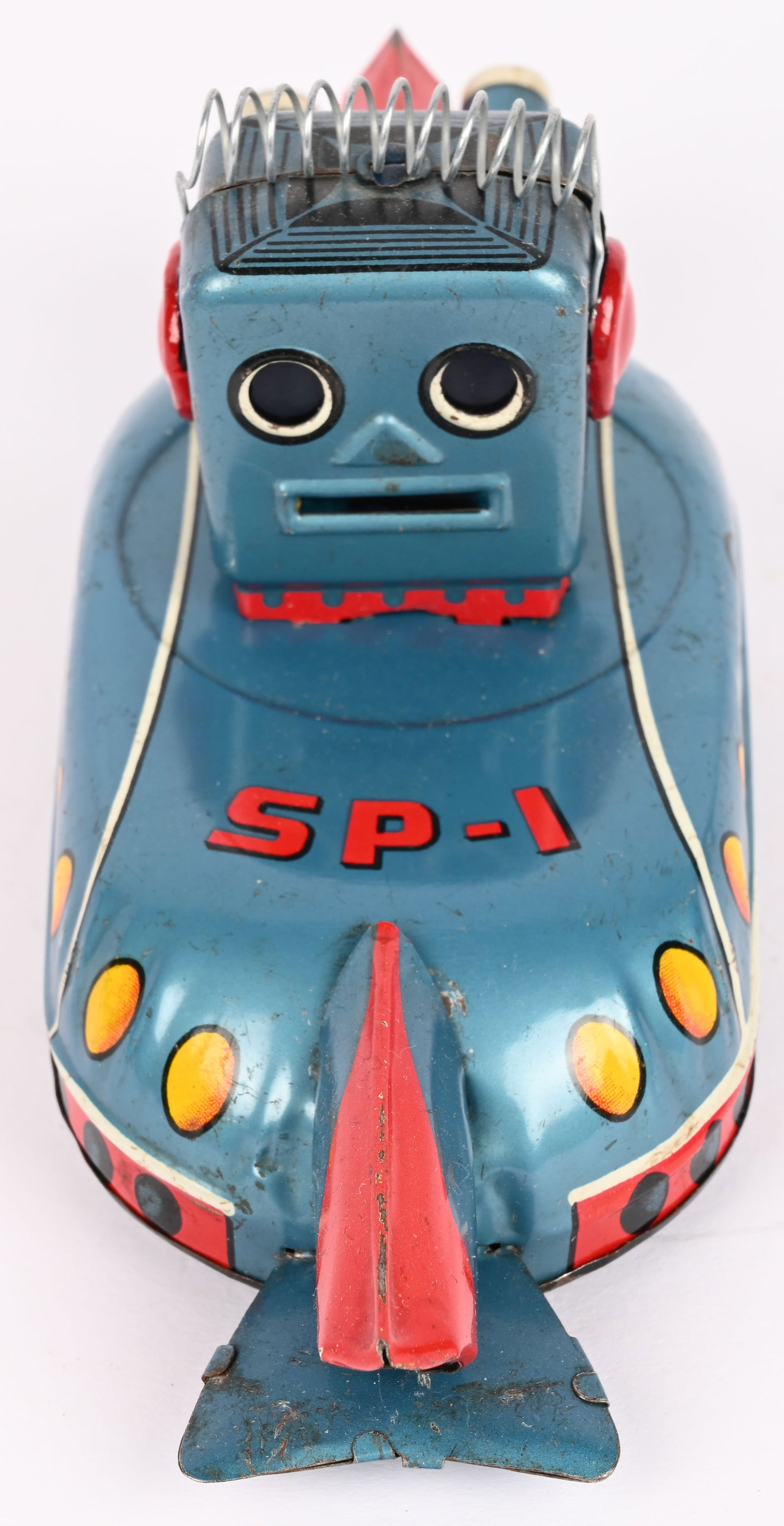 USAGIYA TIN FRICTION SPACE MAN CAR: Japan tin friction Space Man Car. All original and complete. Great condition with nice colors. Friction works. 6" Excellent