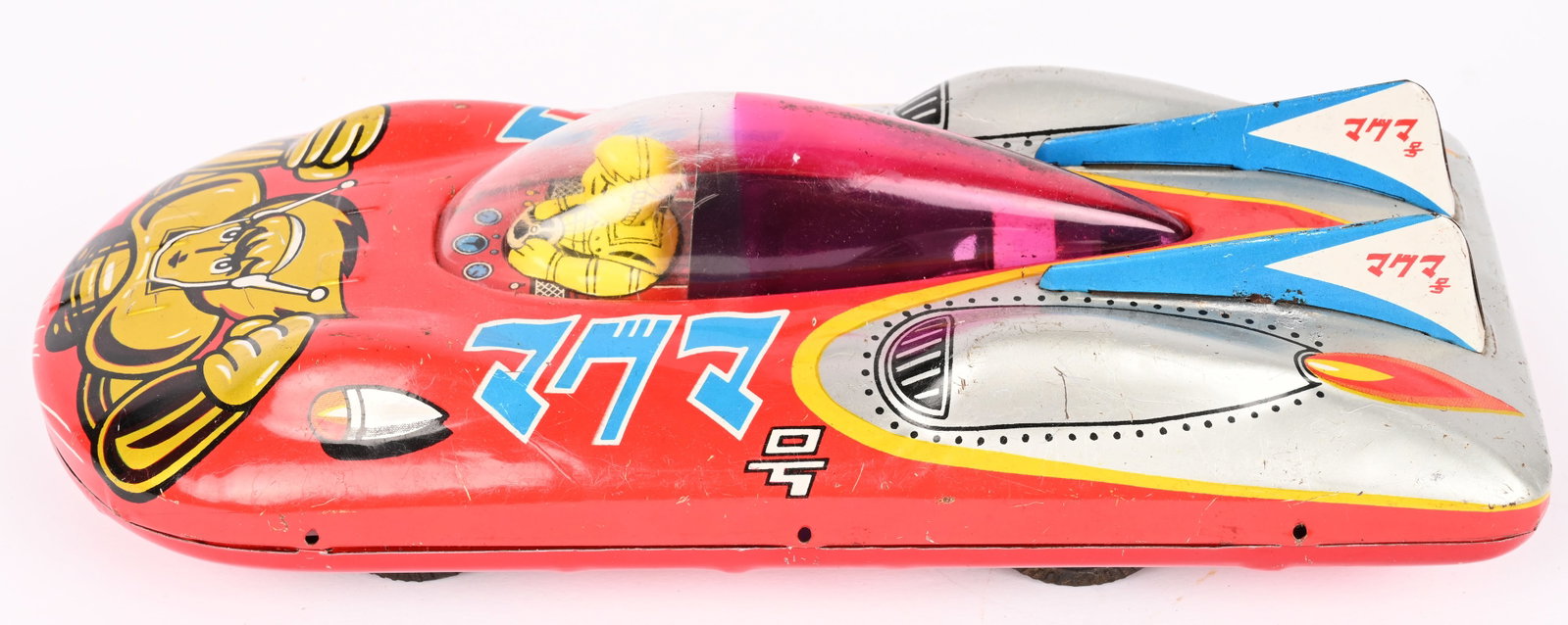 DAITO TIN FRICTION AMBASSADOR MAGMA CAR: Japan tin friction Ambassador Magma Car. All original with great graphics and Ambassador Magma Driver. Very clean condition. Friction works. A very scarce Japanese Character Toy. 10" Excellent