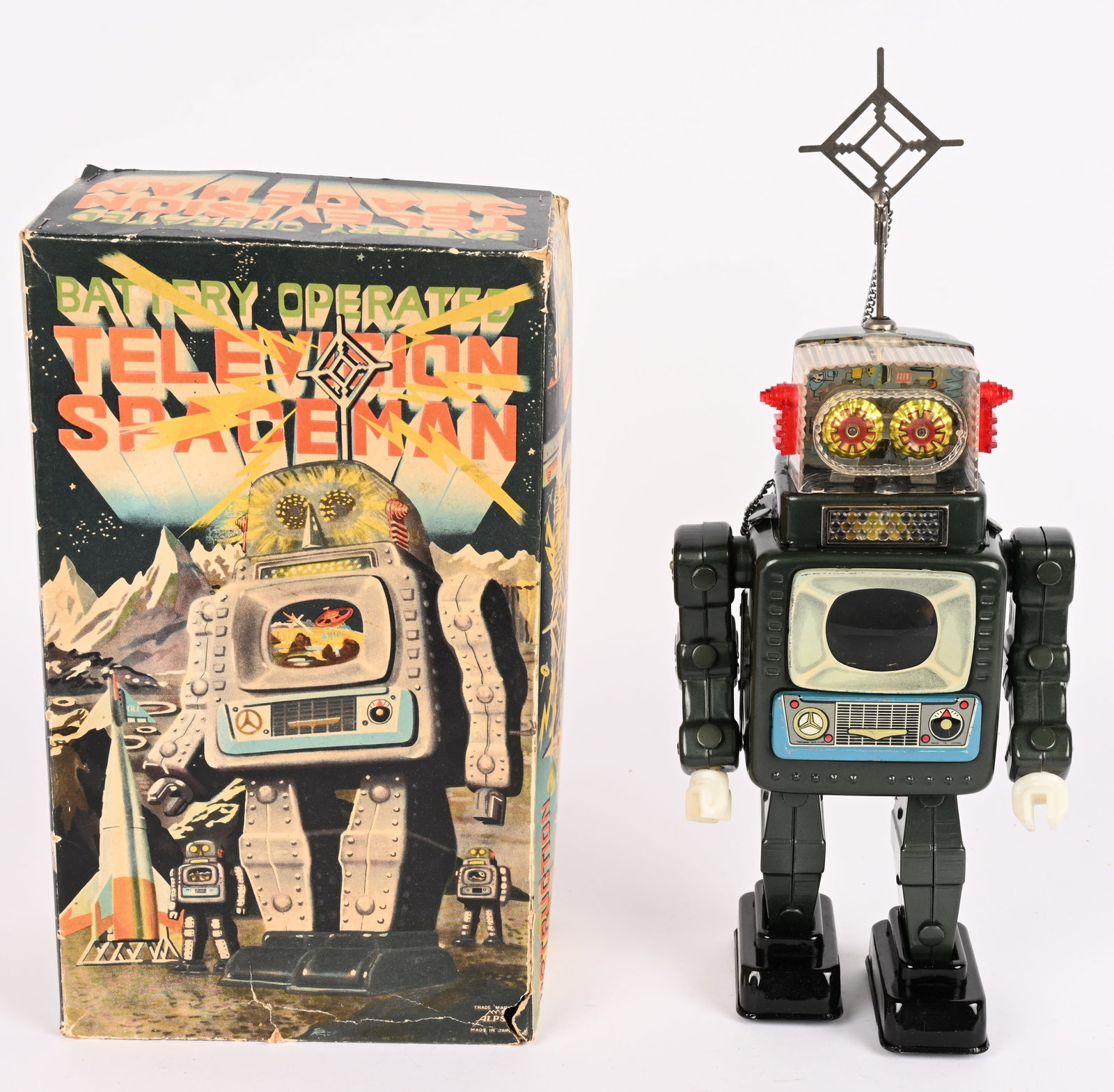 ALPS BATTERY OP TELEVISION SPACEMAN w/ BOX: Japan battery operated Television Spaceman. All original in very nice condition. Still has antenna key. Clean battery box. Worked when tested. Boxed 12" Excellent