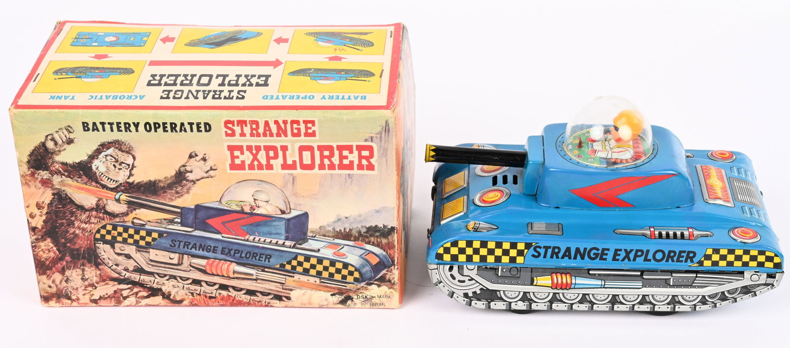 DAISHIN BATTERY OP STRANGE EXPLORER w/ BOX: Japan battery operated Strange Explorer. All original and looks never played with condition. Worked when tested. Comes with Box and Insert. 8 1/2" Excellent