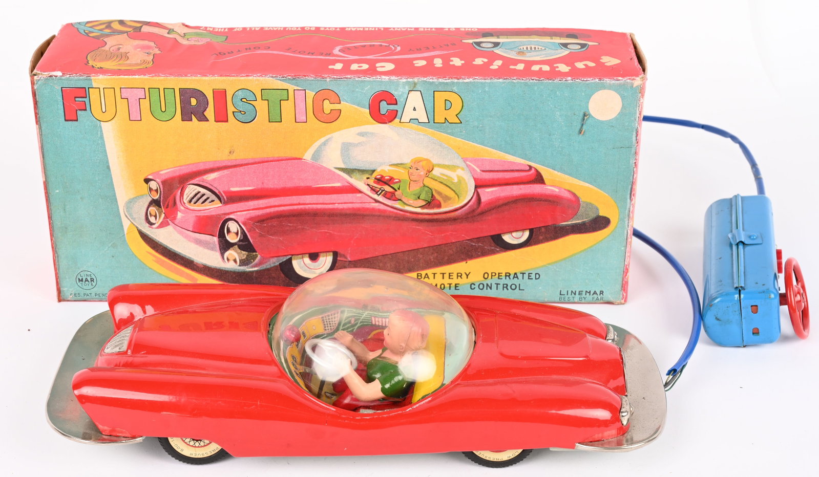 LINEMAR BATTERY OP 1955 FUTURISTIC ROADSTER: Linemar battery operated 1955 Futuristic Roaster. All original and complete with battery box remote control. Great looking futuristic car with bubble top and full body driver. Very clean condition. Ba