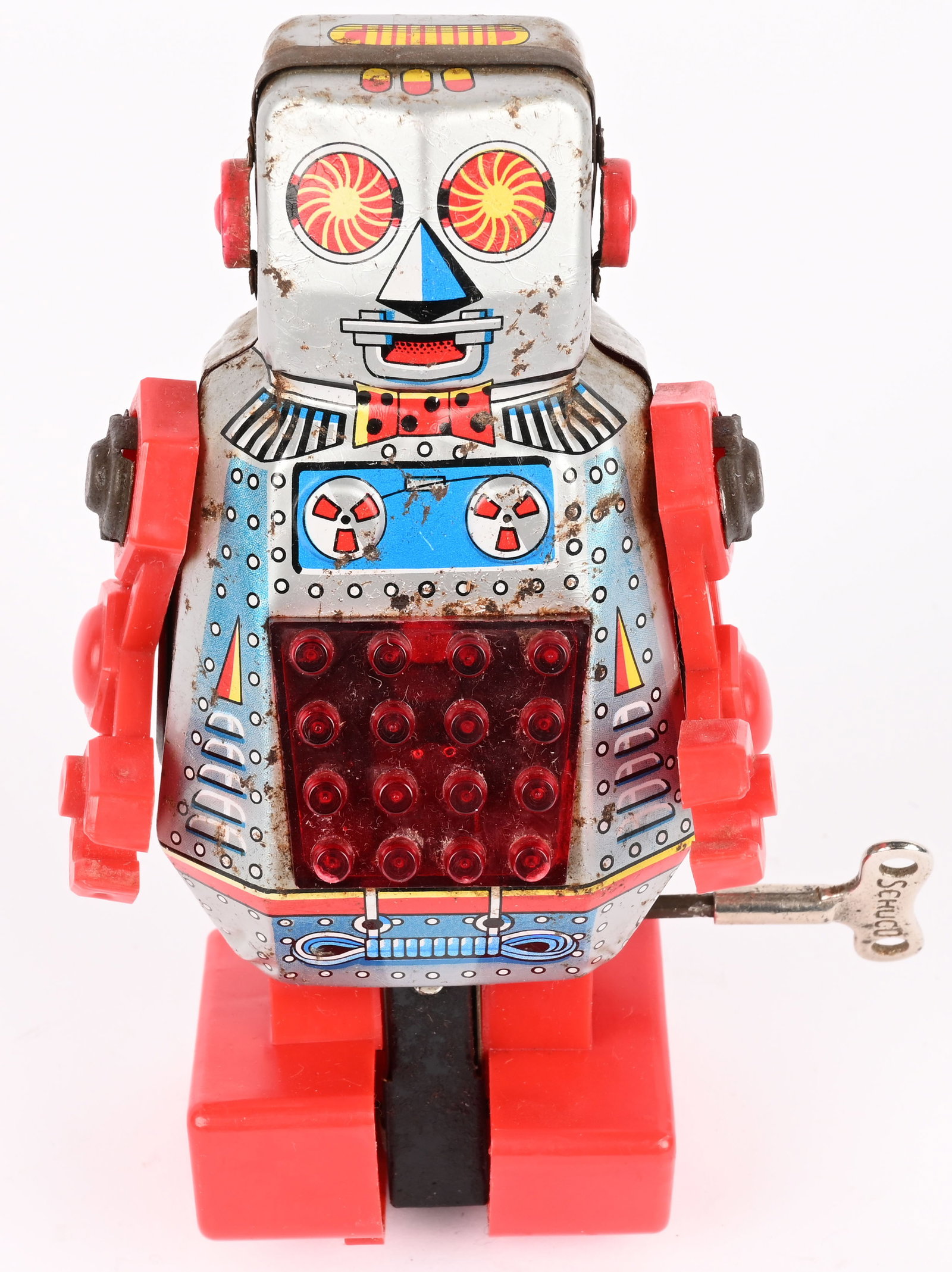 NOGUCHI TIN WINDUP SPACE ROBOT RX-008: Japan tin windup Space Robot RX-008. All original and complete. Nice condition with a few spots of loss. Windup works. 6" Excellent