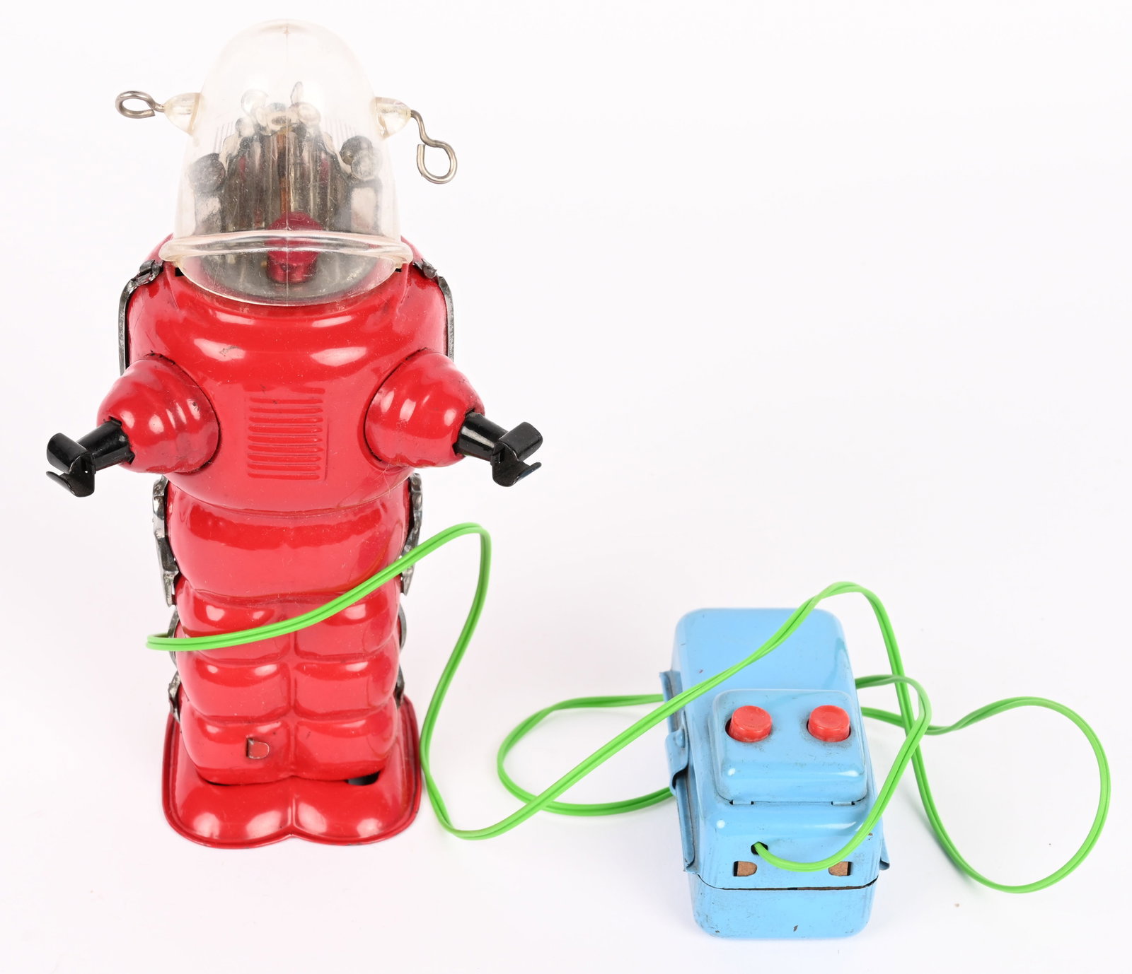 YOSHIYA BATTERY OP SPACE TROOPER ROBOT: All original and complete. Has correct remote control battery box. Super clean condition. Worked when tested. 7" Excellent