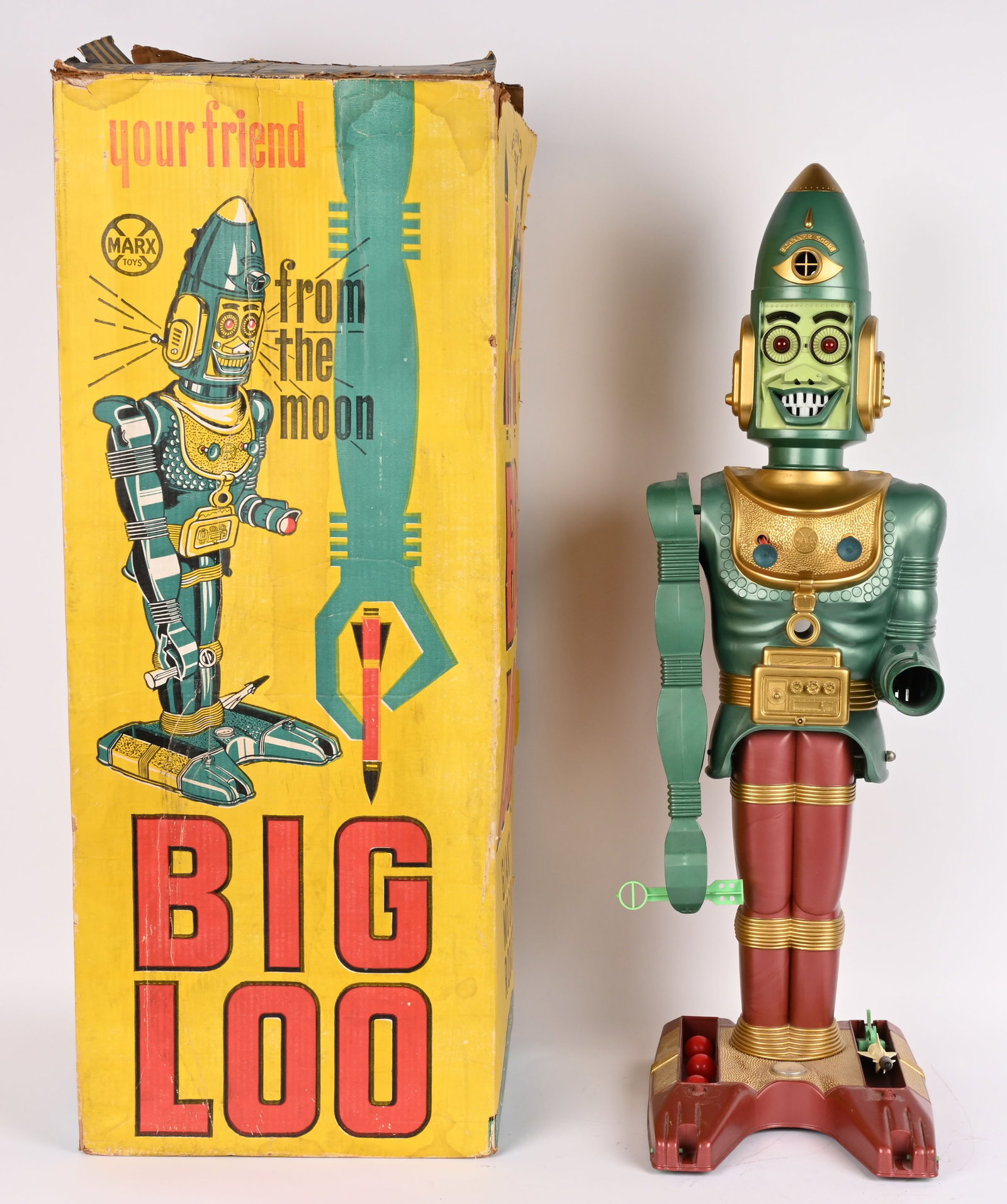 MARX BIG LOO GIANT MOON ROBOT w/ BOX: Marx Big Loo Giant Moon Robot. Marx produced Big Loo in December 1963 for the holiday season. It is estimated that only 5000 robots were produced due to complex construction process. This is a