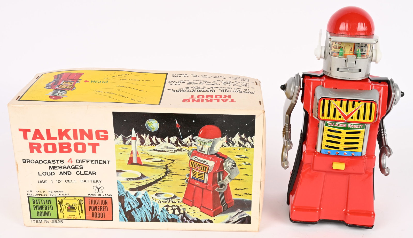 YONEZAWA BATTERY OP TALKING ROBOT w/ BOX: Japan battery operated Talking Robot. All original in never played with condition. Works and still talks when tested. Comes with Box and Inserts. 12" Excellent