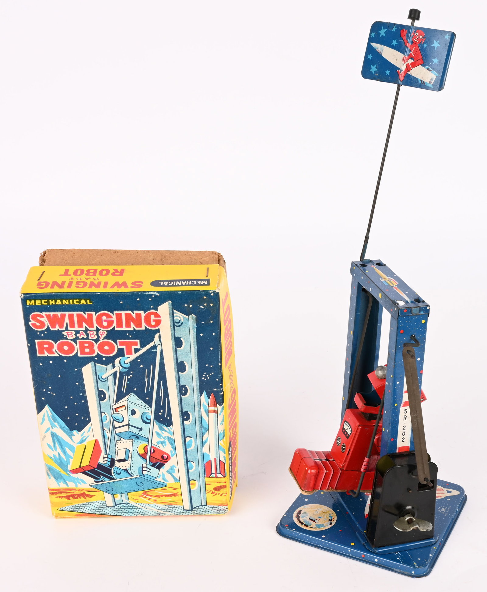 MANMARU TIN WINDUP SWINGING BABY ROBOT w/ BOX: Japan tin windup Swinging Baby Robot. Scarce blue and red version. All original and windup works. Boxed 6 1/2" Excellent