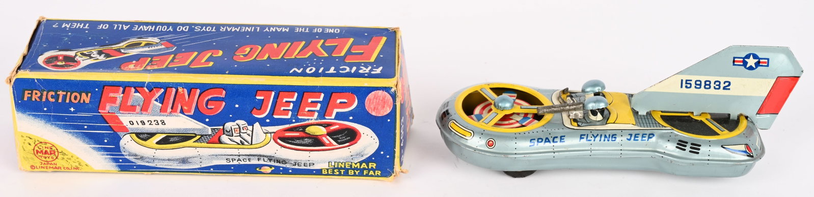 LINEMAR TIN FRICTION FLYING JEEP w/ BOX: Japan tin friction Flying Jeep. All original and never played with condition. Friction works. Boxed 7" Excellent