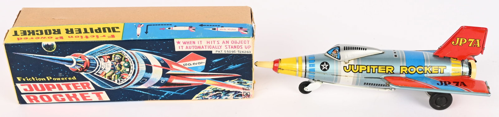 MASUYA TIN FRICTION JUPITER ROCKET w/ BOX: Japan tin friction Jupiter Rocket. Never played with condition. Friction works. Boxed 10" Excellent