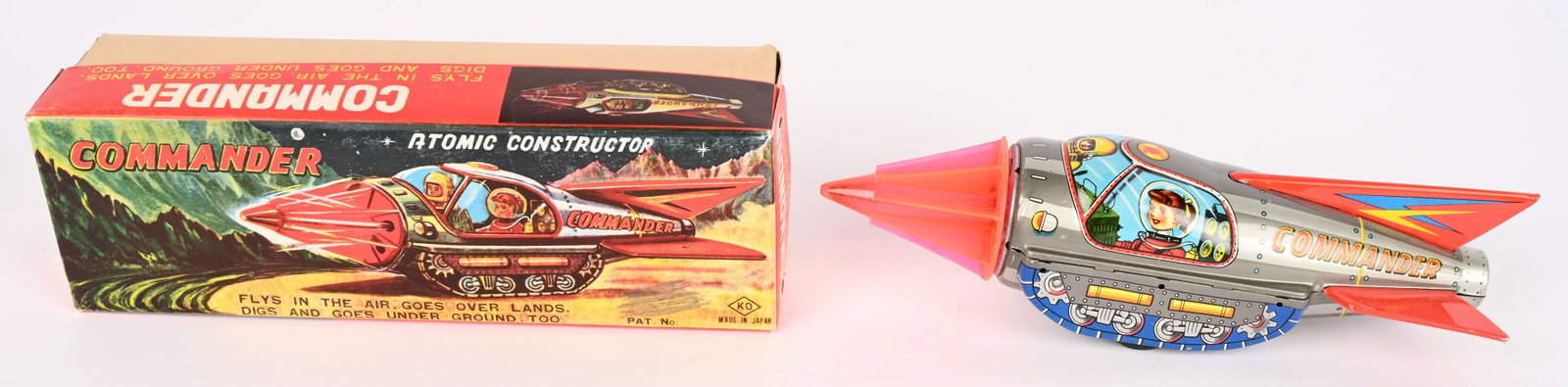YOSHIYA TIN FRICTION ATOMIC COMMANDER w/ BOX: Japan tin friction Atomic Constructor Commander. All original in great shape. Friction works. Boxed 10" Excellent
