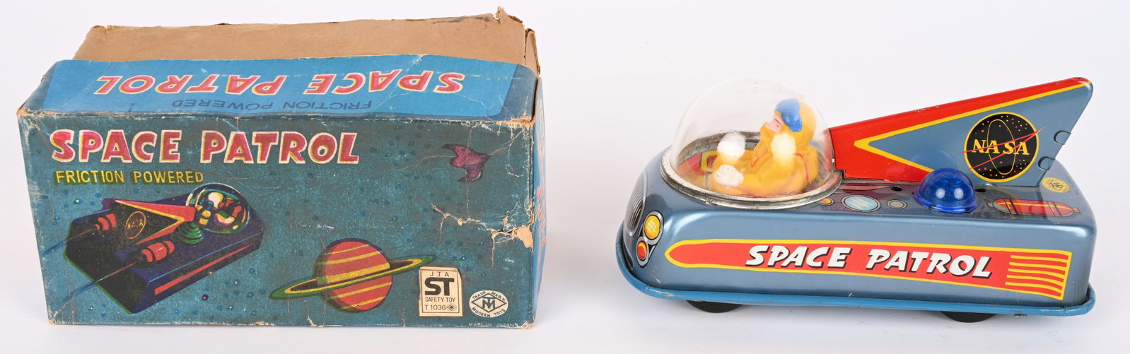 MASUDAYA TIN FRICTION SPACE PATROL w/ BOX: Japan tin friction Space Patrol. All original in great shape. Friction works. Boxed 7" Excellent