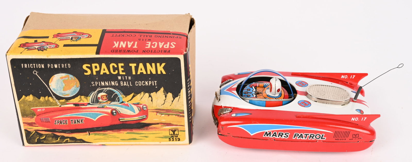 YOMEMAN TIN FRICTION SPACE TANK w/ BOX: Japan tin friction Space Tank with Spinning Ball Cockpit. All original in great condition. Friction works. Boxed 6" Excellent