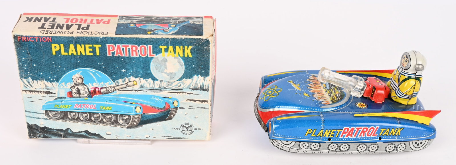 YONEMAN TIN FRICTION PLANET PATROL TANK: Japan tin friction Planet patrol Tank. All original in great condition. Friction works. Comes with original Box top. 6" Excellent