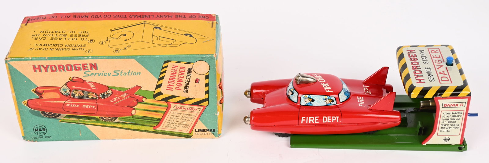 LINEMAR TIN FRICTION HYDROGEN SERVICE STATION: Japan tin friction Hydrogen Service Station with Car. All original in great condition. Works. Boxed 8" Excellent