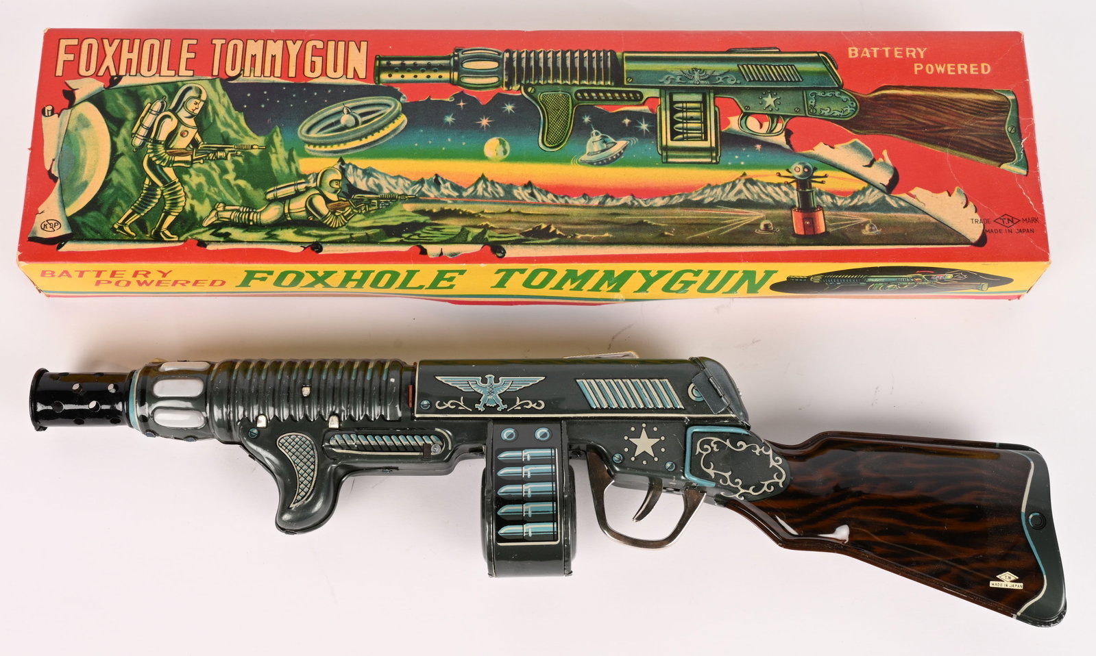 NOMURA BATTERY OP FOXHOLE TOMMY GUN w/ BOX: Japan battery operated Foxhole Tommy Gun. Great condition. Worked when tested. With Space Box. 18" Excellent