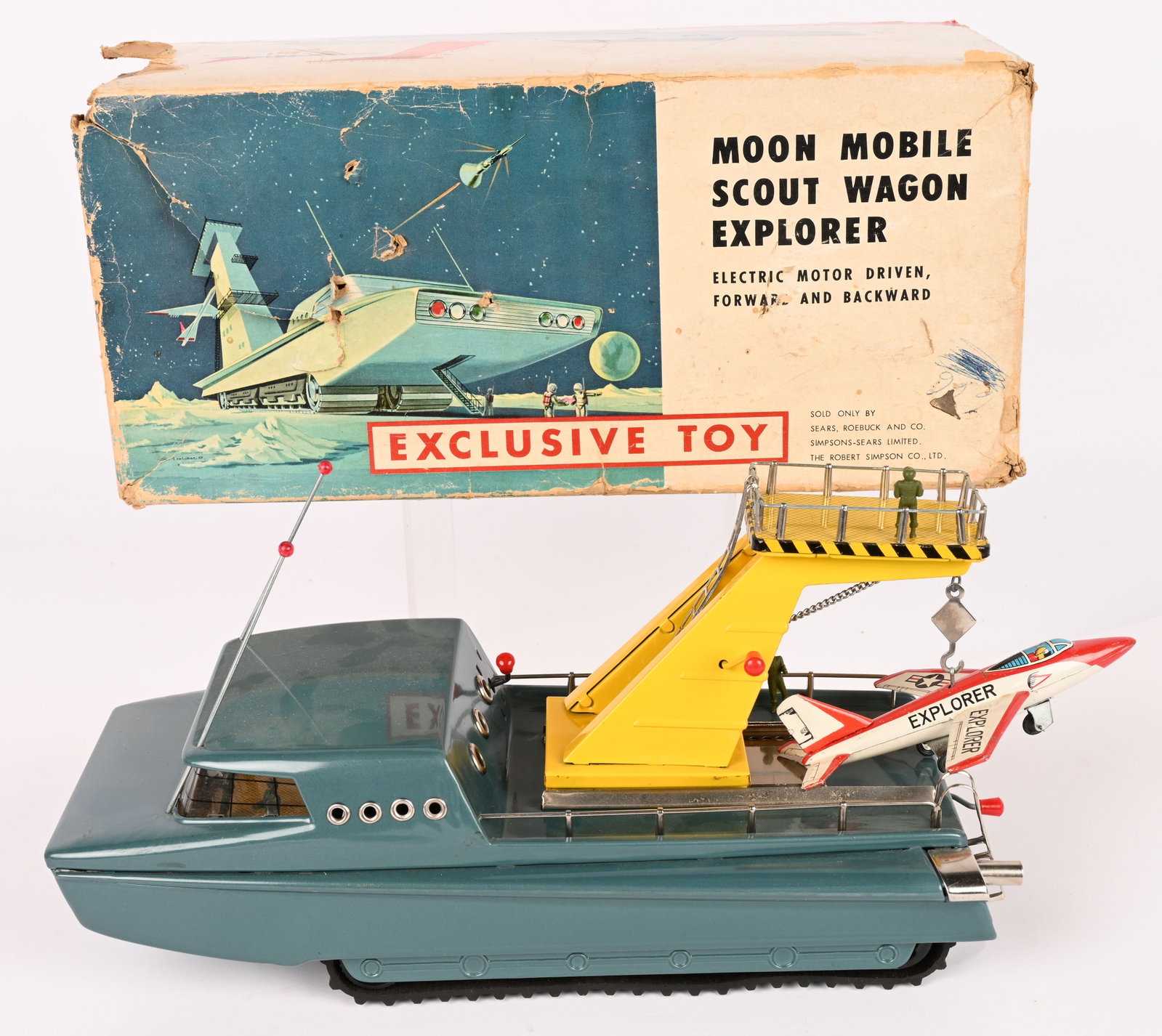 BANDAI MOON MOBILE SCOUT WAGON EXPLORER w/ BOX: Sears Exclusive battery operated Moon Mobile Scout Wagon Explorer. All original and complete. Very nice condition. Worked when tested. Missing one standing figure on back. Boxed. 13" Excellent