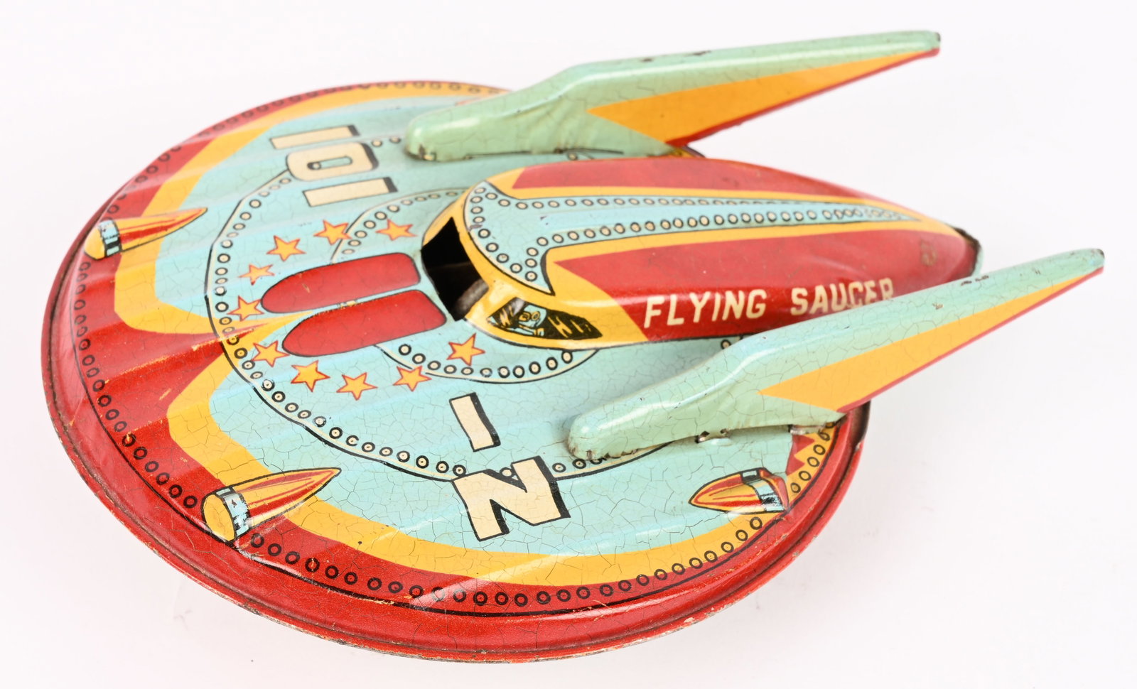 MASUDAYA TIN FRICTION FLYING SAUCER Z-101: Japan tin friction Flying Saucer Z-101. All original with great colors. Friction works. 7" Excellent