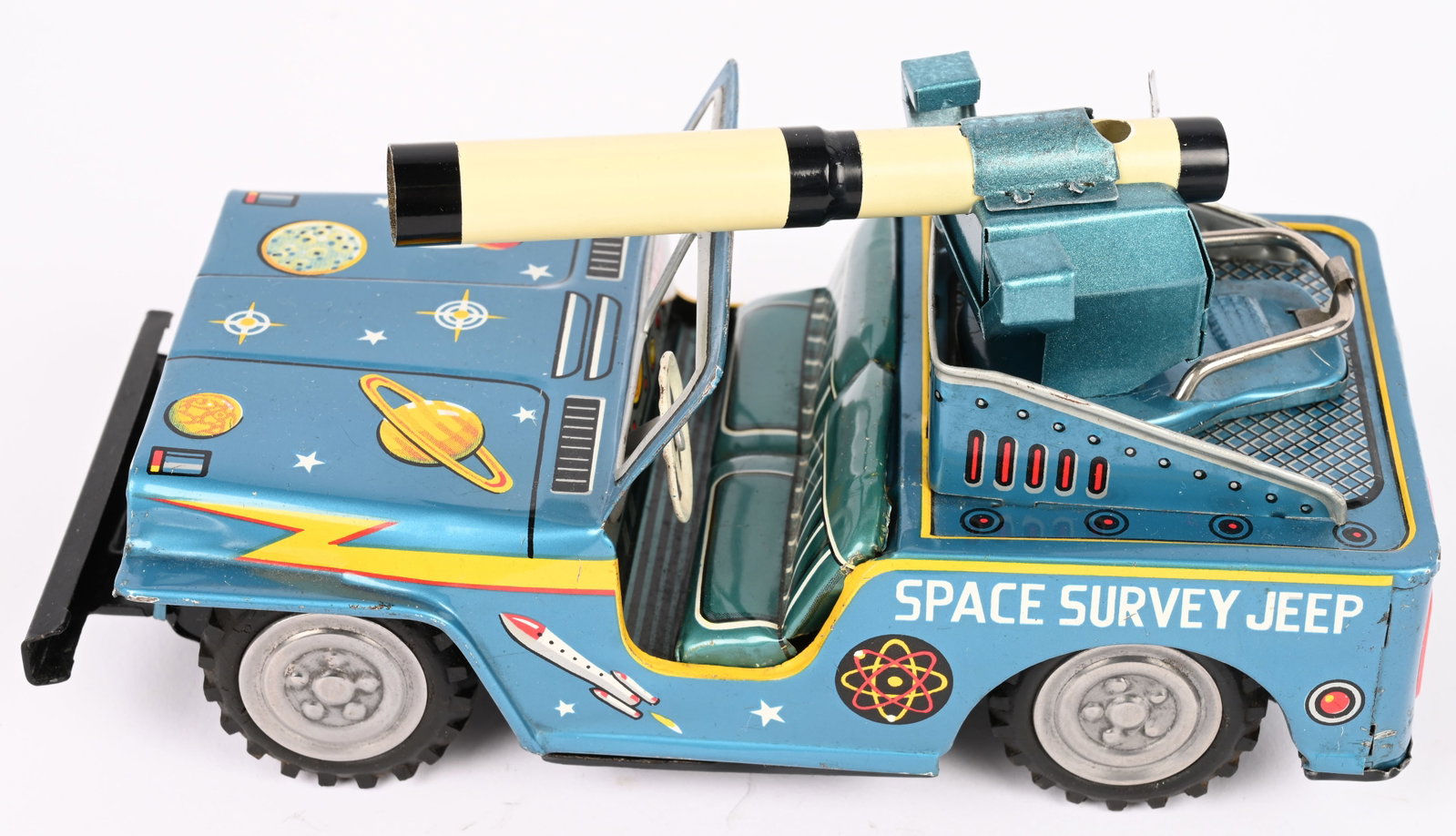 TOYMASTER TIN FRICTION SPACE SURVEY JEEP: Japan tin friction Space Survey Jeep. All original with great colors and graphics. Friction works. Missing antenna. 7" Excellent