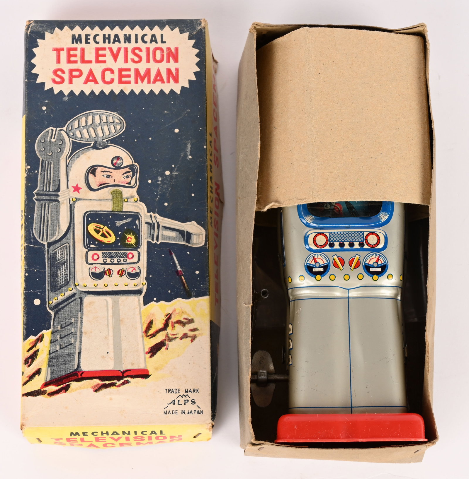 ALPS TIN WINDUP TELEVISION SPACEMAN w/ BOX: Alps tin windup Television Spaceman. Looks never played with condition. Still has original antenna. Windup works. With crisp box. 6 1/2" Excellent