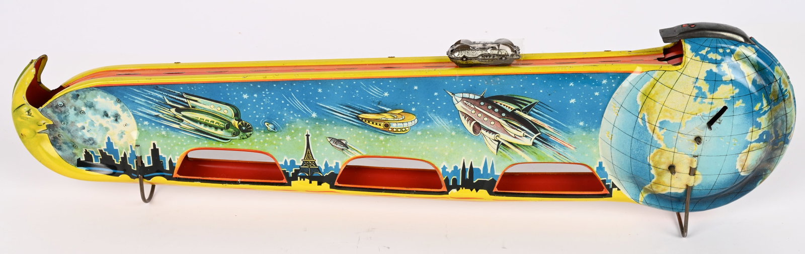 TECHNOFIX TIN WINDUP TERRA LUNA SPACE TOY: German tin windup Terra Luna Space Toy. All original with great colors and graphics. Comes with original Space Vehicle. Works. 19" Excellent