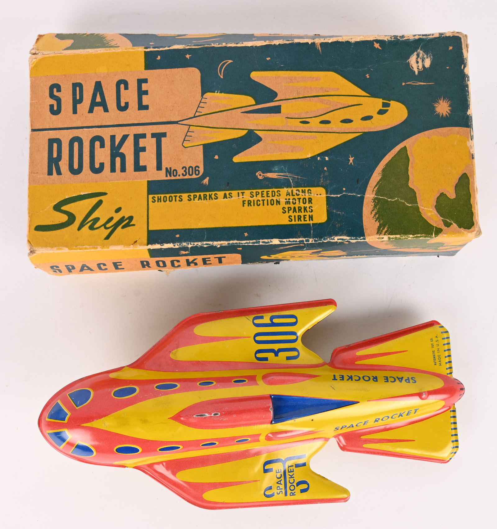 AUTOMATIC TOY CO TIN FRICTION SPACE ROCKET w/ BOX (1 of 10)