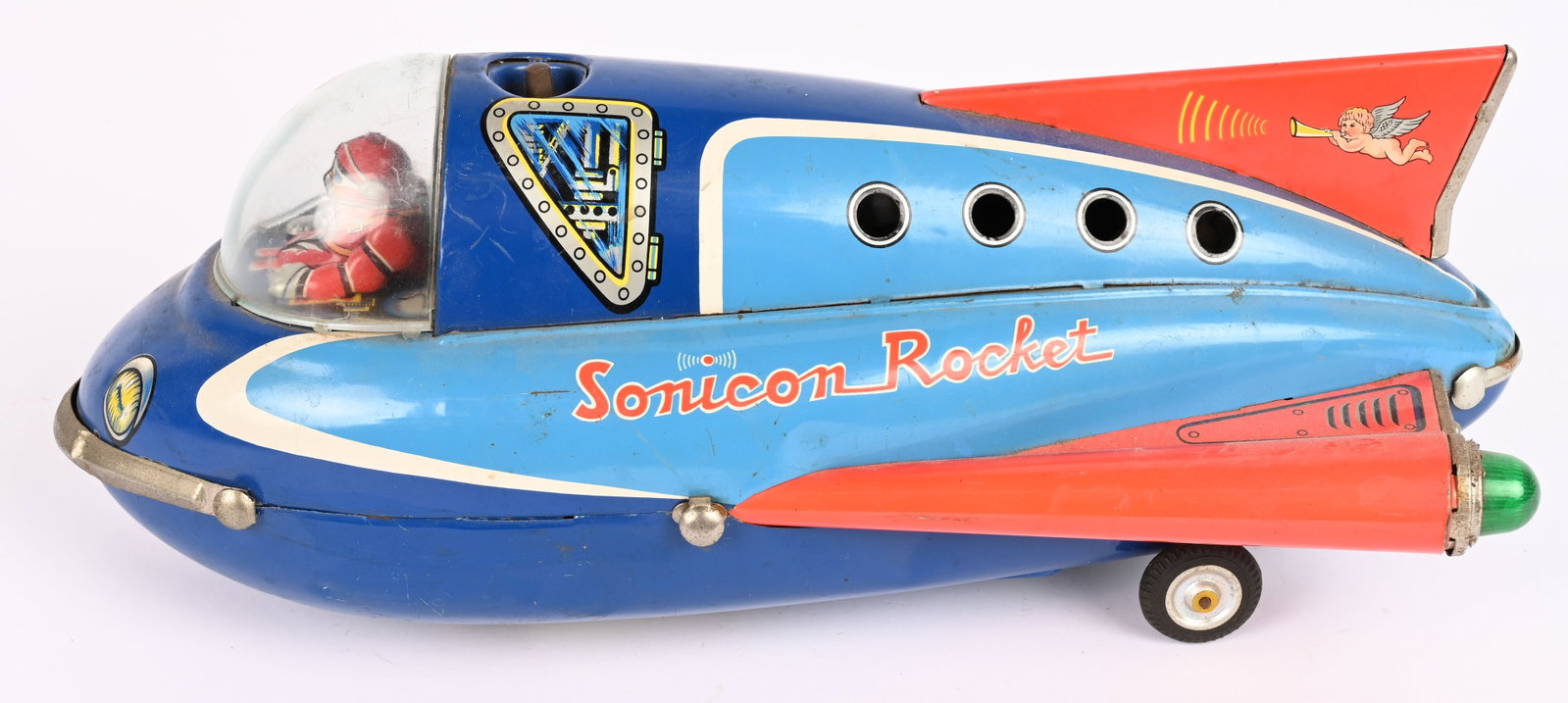 MASUDAYA BATTERY OP SONICON ROCKET: Japan battery operated Sonicon Rocket. All original in great shape. Has antenna. Large impressive toy. Did not work when tested. 14" Excellent