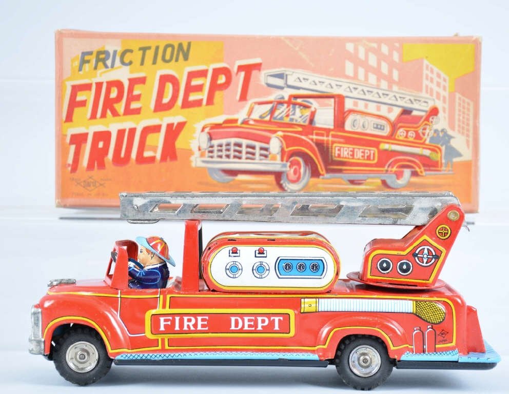 DAIAYA Tin Friction FIRE TRUCK mib: All original New Old Stock. Great colors. Near Mint