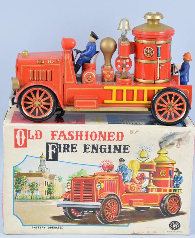 MT Battery Op OLD FASHIONED FIRE ENGINE w/Box: All original and complete. Great colors. With box. Near Mint