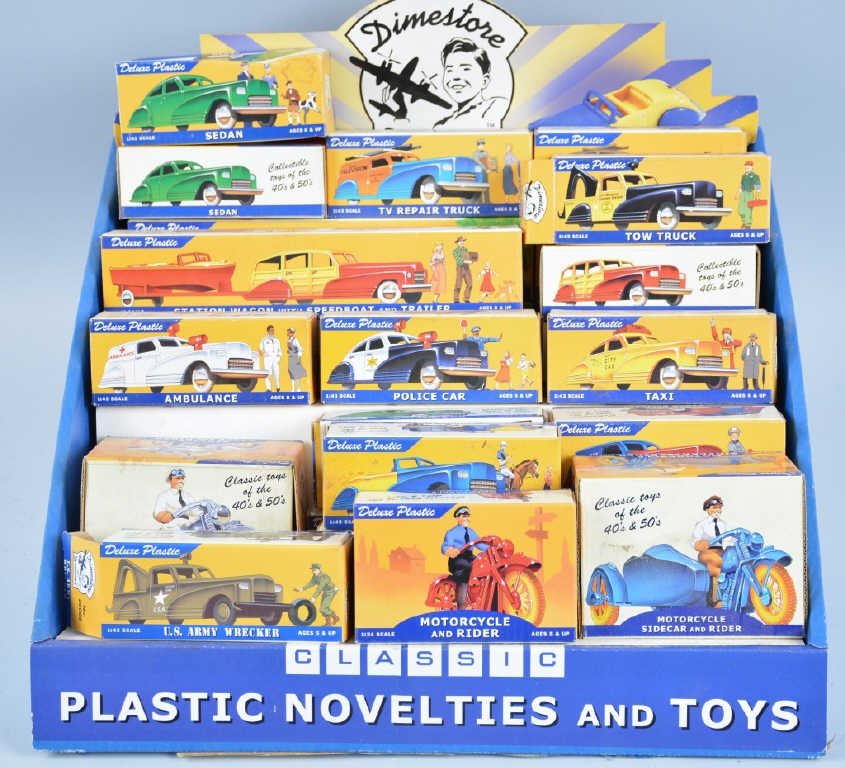 DIMESTORE DREAMS STORE DISPLAY with VEHICLES: Includes 27 Cars and Motorcycles. Plus store display stand. Near Mint