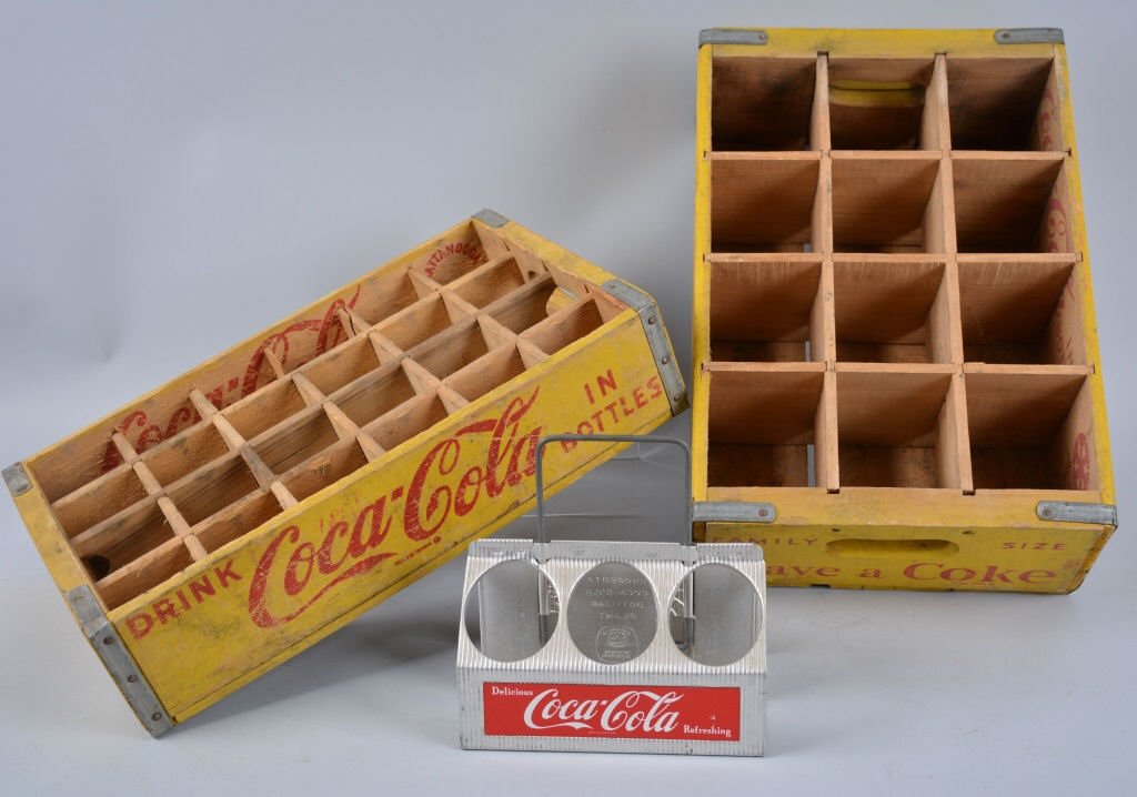 3 Vintage COCA COLA CASES: 2 Yellow Wooden COCA COLA Cases and Metal 6-Pack COCA COLA Case. Very Good
