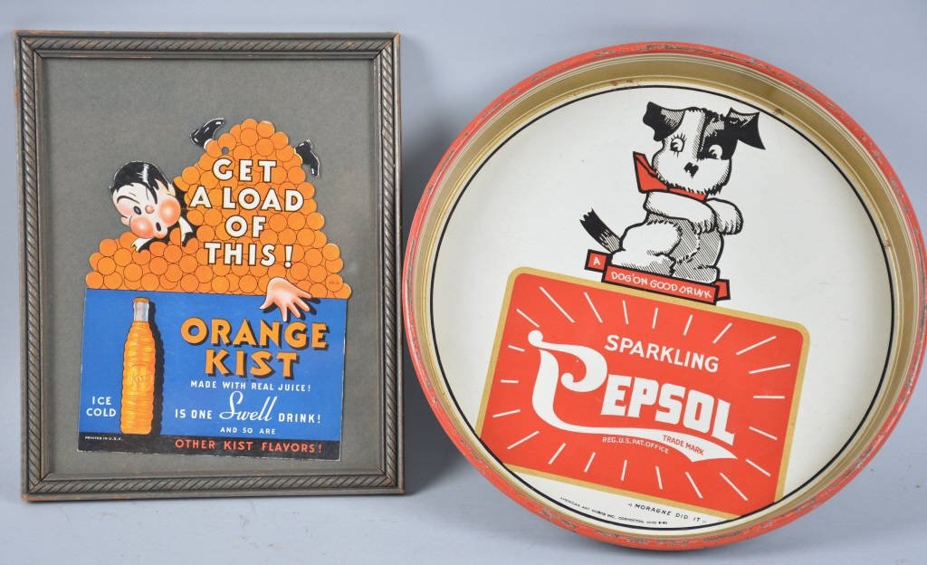 PEPSOL SERVING TRAY & ORANGE KIST AD: Original Pepsol serving tray & Orange Kist Cardboard Cutout. Very Good