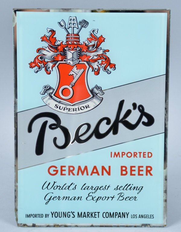 BECKS GERMAN BEER GLASS SIGN: All original. 10"x7". Excellent