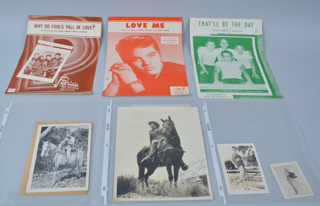 Vintage CELEBRITY PHOTOS & SHEET MUSIC: Includes Charleston Heston, Debbie Reynolds, and Roy Rogers Photos. Elvis Presely, The Crickets, and Teenagers Sheet Music. Excellent