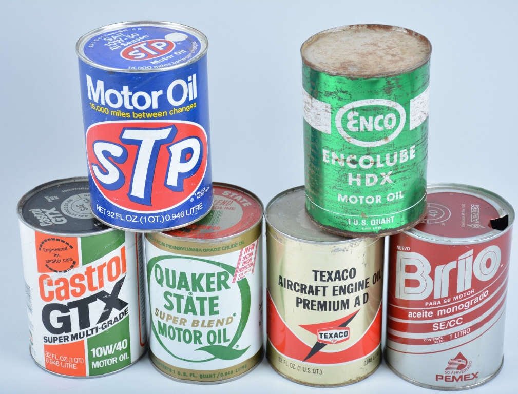 6 1qt OIL CANS STP, QUACKER STATE, and MORE: Includes Quacker State, Enco, Pennex, Castrol, Texaco, and STP 1 qt. Cans. Very Good