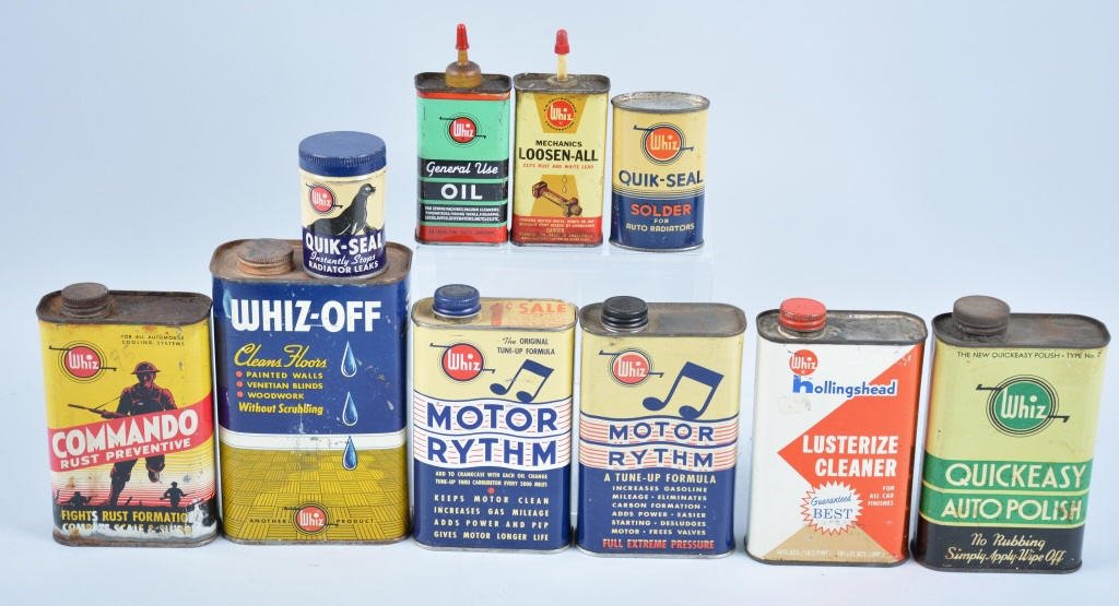 10 WHIZ AUTOMOTIVE TINS: Includes Radiator Stop Leak, Loose-n-all, General Oil, Quick Seal, 2 Motor Rythem, Quick Easy Motor Polish, Commando Rust Prevenative, Whiz-Off, and Lusterize Cleaner. Very Good-Excellent