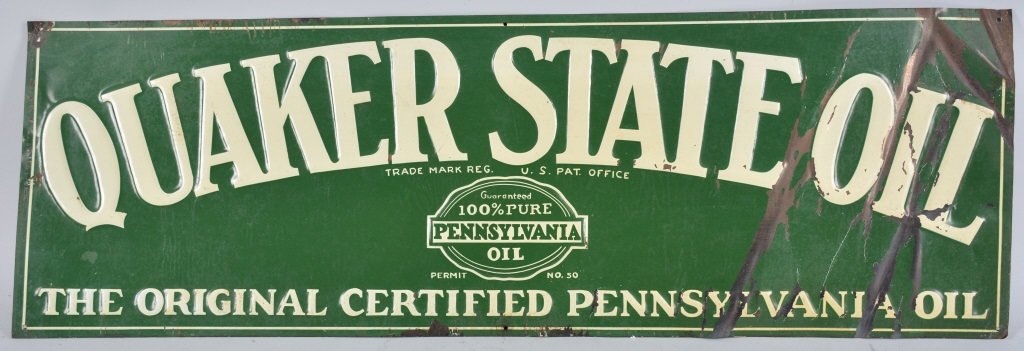 QUAKER STATE MOTOR OIL TIN SIGN: 36"x12" Tin sign. Has slight bends and some loss. Very Good