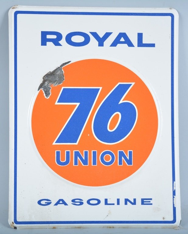 UNION 76 ROYAL GASOLINE PORCELAIN SIGN: 18"x14" Nice Color Small spots of loss. Very Good